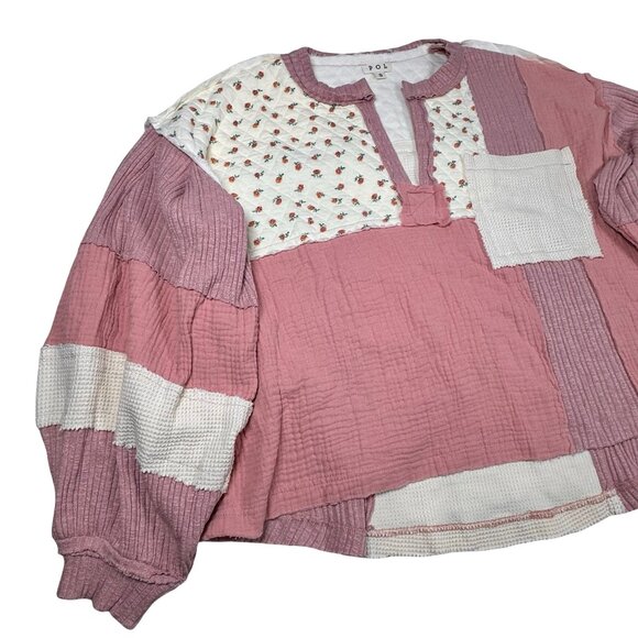 POL Womens Oversized Quilted Floral Patchwork Top SZ S Pink Cottage Boho - Picture 4 of 14